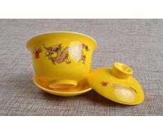 YBK Tech Porzellan Kung Fu Tee Tasse und Untertasse mit Deckel, traditioneller chinesischer Gaiwan sancai Damen Tee Schale Tee Set Drache Muster gelb