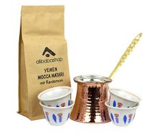 Alibabashop - Mokka Matari Set Ethiopia 6-teilig aus: 1 x Premium Mokka Kaffee gemahlen 250 g, 4 x orientalische blaue Mokkatassen und 1 x Kupfer Mokkakanne 220 ml