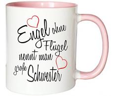 Mister Merchandise Kaffeebecher Tasse Engel ohne Flügel nennt Man große Schwester Sister Familie Family Geburt Schwanger Baby Teetasse Becher Weiß-Rosa