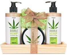 BRUBAKER Cosmetics Hanföl Dusch- und Pflege Set frische Minze & Aloe Vera mit Deko Tablett aus Holz