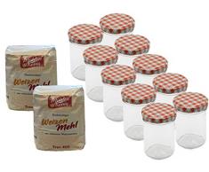 Weizenmehl Typ 405 2x1KG Mehl zum Backen+10 Sturzgläser 167 235 250 277 350 für Kuchen im Glas | Marmeladengläser | Dessertgläser | mit rotkarierten Deckel (2x1Kg Mehl+ 10Gläser 250ml)