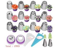 ShuoBeiter 27pcs Russian Piping Tipps Backzubehör Set Cake Decorating Tipps für Cupcake Cookies Geburtstagsfeier, 12 Icing Tipps, 2 Leaf Piping Tipps, 2 Koppler, 10 Gebäckbackbeutel (27)