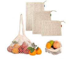 JZK 4 x Gemüsebeutel Baumwolle Obstnetz Gemüsenetz Obstbeutel umweltfreundliches Taschen Set für Obst Nüsse Brot Spielzeuge Snack