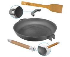 28cm Bratpfanne aus Gusseisen mit abnehmbaren Holzgriff und Pfannenwender aus Bambus von 4big.fun *** Induktion *** Alle Herdarten