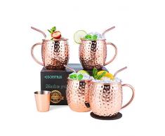 esonmus Moscow Mule Becher Kupferbecher Gehämmert und Handgefertigt Kupfertassen mit 4 Gläsern, 4 Untersetzer, 4 Trinkhalme, 1 Messbecher, Bier, Gin, Vodka, Cocktails und Wasser genießen