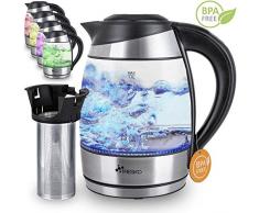 TRESKO Glas Wasserkocher 1,8L Edelstahl mit Teesieb und Kalkfilter | LED Innenbeleuchtung | TÜV-Rheinland zertifiziert | 2200W | mit Temperatureinstellung | Warmhaltefunktion