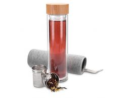 Navaris Teeflasche aus Glas mit Edelstahl Sieb - 500ml Tee Flasche Teekanne to go - Trinkflasche doppelwandig aus Borosilikatglas mit Hülle in Grau