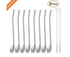 Elitlife 8er Set Edelstahl Trinkhalme löffel, Wiederverwendbare, spülmaschinengeeignete Trink-Löffel, 2 in 1 Strohhalm & Löffel ideal als Latte Macchiato und Cocktail-Löffel, Farbe: Silber