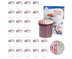 MamboCat 25er 350 ml Sturzglas-Set | Einmachgläser + Twist-Off-Deckel Holz-Herz rotkariert + GRATIS Rezeptheft | einkochen & konservieren | Vorratsgläser | backofengeeignet