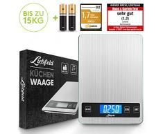 Liebfeld - Digitale Küchenwaage bis 15kg aus Edelstahl mit großer Wiegefläche + 2 Batterien I Haushaltswaage digital, Essenswaage