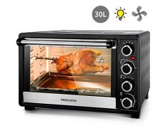 FREIHAFEN 30 Liter Minibackofen mit Auftaufunktion Miniofen Backofen mit Umluft,1500 Watt Mini Pizzaofen Ofen mit Innenbeleuchtung, Doppelglastür, Timer, Ideal für den Wohnwagen und Studentenwohnung