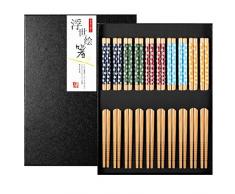 10 Paar Essstäbchen Japanisch Bambus Chopsticks Wiederverwendbar Waschbar Eßstäbchen Set mit Schwarzer Geschenkbox für Asiatisches Geschirr, Kirschblüte