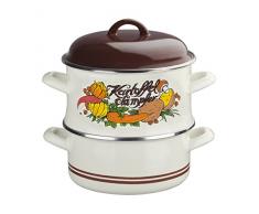 GSW 565059 EMAILLIERTER Kartoffeldämpfer mit Deckel 18cm, Emaille, beige mit dekoration, 18 cm, 3-Einheiten