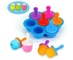 KATELUO Mini EIS am Stiel Silikonform 7 Mulden, Eiscreme-Form, DIY-Eiswürfelform mit Bunten Kunststoffstäbchen, Antihaftbeschichtete Eiswürfelschalen, Babynahrungsbehälter, Dessert Schimmel (Blau)