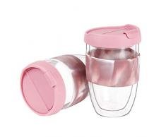 WELTRXE Doppelwandige Gläser, Thermogläser für Cappuccino Tee Heiß- und Kaltgetränke, 2 x 350 ml Gläser Set mit Deckel und Gummihülle Rose