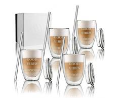 ANWA 4 Doppelwandige Gläser/Thermogläser (350ml Volumen) mit Aufdruck und Deckel, inkl. 4 Glasstrohhalmen für Tee/Kaffee/Cocktails/Vorspeisen etc. geeignet (Good Vibes Good Life)