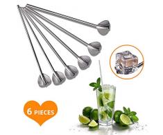 ZAWTR 6 Stück Edelstahl Strohhalme Löffel - Wiederverwendbar Strohhalme aus Metall mit Löffel, Lang Latte Macchiato Löffel Cocktail Löffel und Trinkhalme - Herzform (Silber)