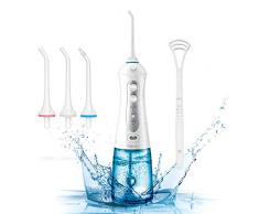 Munddusche mit 3 Modi, iTeknic Oral Irrigator mit 300ML Wassertank, IPX7 Wasserdicht Wasser Flosser, USB Wiederaufladbarer Zahnreiniger, Zahnreiniger mit 4 Düsen und Zungenreiniger für Haus und Reise