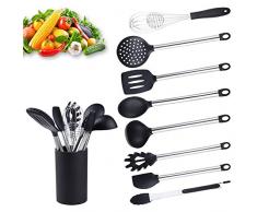 Küchenhelfer Set, Küchenutensilien 9 Stück Set aus Silikon und Edelstahl: Zange, Spaghettilöffel, Spatel, Kochlöffel, Schöpflöffel, Pfannenwender, Schaumlöffel, Schneebesen, Speichereimer.