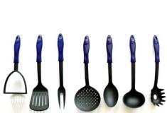 7 tlg. Set Küchenhelfer RÖR Kochbesteck Nylon hitzebeständig bis 210°C (bestehend aus: Stampfer, Pfannenwender, Fleischgabel, Schaumkelle, Gemüselöffel, Suppenkelle und Spaghettilöffel)