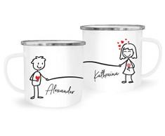 SpecialMe® Emaille-Tasse mit Namen Liebes-Paar Strichmännchen Motiv personalisierbar Liebesgeschenke Valentinstag Weihnachten (1 Tasse) Variante 2 weiß-metall Emailletasse