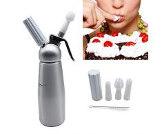 SHIOUCY 500ml Sahnebereiter Profi-Schlagsahne-Spender aus Aluminium Sahnesyphon Sahnespender Sahnebereiter Kapseln mit 3 Dekorations-Düsen + Reinigungsbürste für heiße und kalte Cremes und Soßen