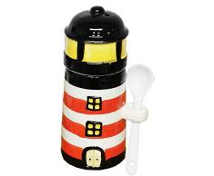 Land-Haus-Shop Keramik Eierbecher Leuchtturm Maritim mit Löffel Salzstreuer Eier Halter Becher (Rot-Weiß)