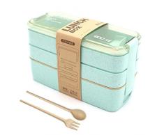 LAKIND Lunchbox Brotdose Bento Box Vesperdose für Kinder und Erwachsene Mit 3 Fächern Auslaufsicher Mikrowelle Gefertigt aus Weizen Biologisch Abbaubar Plastikfrei BPA Frei(Grün)