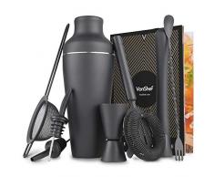 VonShef Pariser Cocktail Set Mattschwarz in Geschenkbox mit Stößel, Barlöffel mit Gabel, Hawthorne-Sieb, Julip-Sieb, 2 Flaschenausgießer, Messbecher & Rezeptbuch