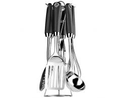 KADAX Küchenhelfer Set mit Ständer aus Edelstahl, 7-teilig Küchenset, Küchenutensilien, mit Schneebesen, Suppenkelle, Schaumlöffel, Kartoffelstampfer, Pfannenwender, Fleischgabel (schwarz/Silber)