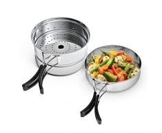 Chihee Outdoor Camping Kochen Set Edelstahl Topf Bratpfanne Dampfplatte Tragbare Kochgeschirr Töpfe Picknick BBQ Reise Rucksack Wandern Überleben 3 Stücke