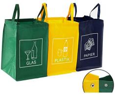 DWD-Company 3er Set Mülltrennsystem Abfalltrenner für Papier, Plastik und Glas mit praktischem Transportgriff