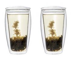 Feelino TEESET: 2X 400ml XL doppelwandiges Teeglas mit Glasdeckel + 2X Teeblumen weißer Erblühtee (Thermo-Glas mit Schwebe-Effekt), LaBionda