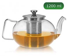 praxxim - 1200ml - Tropffreie Glas Teekanne mit Siebeinsatz - Edle Kanne für gemütlichen Tee Genuss - Hitzefeste Glaskanne mit Edelstahl Sieb - Hochwertiger Teebereiter für pures Geschmackserlebnis