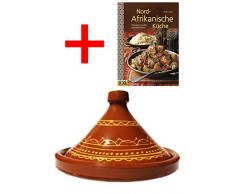 Marokkanische Tajine Topf zum Kochen + Kochbuch | Schmortopf glasiert Ferhan Ø 35cm, für 6-8 Personen | inklusive Rezepte Buch Nord Afrikanische Küche | ORIGINAL Tontopf handgetöpfert aus Marokko