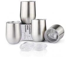 Sivaphe Isolierte Weingläser Cappuccino Tassen Kaffeetassen Edelstahl 4er Set Doppelwandig ohne Stiel Biergläser Weinbecher mit Deckeln Camping Reisebecher 350ML -MEHRWEG