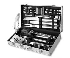 FIXKIT Grillbesteck-Set 26-teilig in Edelstahl mit Weinöffner kompletter Grillkoffer BBQ Zubehör im Aluminium Aufbewahrungskoffer TRAGBARES & IDEALES Geschenk Camping Grillen