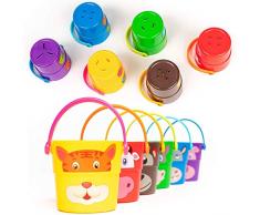 Bramble 6 Stack n Pour Buckets, Badespielzeug Eimer zum Stapeln| 6 Verschiedene Charaktere & 3 Sprinkler-Effekte| Badezimmer Badewanne Dusche Wasser Pool Spielzeug für Babys Kinder