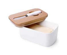 Sweese 324.101 Butterdose Porzellan für 250 g Butter, Holzdeckel mit Silikon-Dichtlippe, Inklusive passendem Buttermesser, Weiß
