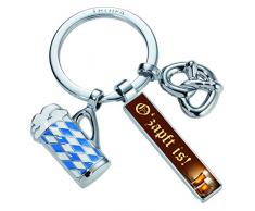 Troika Schlüsselanhänger mit 3 Anhängern, Brezel, Bierkrug, Rechteck O zapft is, Metallguss/Emaille, verchromt, glänzend, Mehrfarbig