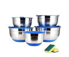 JUNING Edelstahl Schüssel Set mit Platics Deckel, 5-Teilig mit rutschfeste Silikonböden, Messskala, Multifunktional als Rührschüssel, Salatschüssel