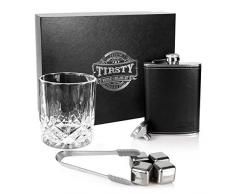Tirsty – Premium-Edelstahl-Whiskey-Steine und Flachmann-Geschenk-Set, inklusive 325 ml Kristall-Trinkglas, Trichter und Zange, cooles Geschenk für Männer zum Geburtstag, Vatertag und Trauzeugen