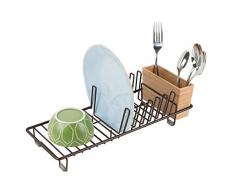 mDesign Abtropfgestell aus Metall – Abtropfablage für die Küchentheke, Arbeitsplatte oder Spüle – mit dreiteiligem Besteckhalter aus Bambus – bronzefarben und naturbelassen