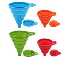 BREEZO Trichtersatz Faltbarer Trichter, 4er Pack Silikon-Trichter für Küche und Haushalt Wasserflaschen Öl Flüssigkeiten und Pulver, Lebensmittelecht, 4 Farben (2 Groß + 2 Klein)