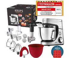 Krups Premium Küchenmaschine 17 teilig, 4,6L Edelstahlschüssel, Silikonschüssel, 4 Rührwerkzeuge Edelstahl, spülmaschinenfest, 1100W, Schnitzelwerk, Fleischwolf, Gratis Rezepte und 12er Cupcake Form