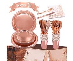 VAINECHAY 152 Stück Partygeschirr Geburtstag Mädchen Rose Gold Party Einweggeschirr Teller Hochzeit Papier Geschirr Pappbecher Weiss Serviette Stroh Cocktailhalme Strohhalme Besteck Set, 25 Gäste