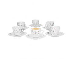 Van Well 6er Set Kaffeetasse 20cl und Kaffeeuntertasse 14,5cm Palazzo - aus weißem Porzellan mit Dekor-Kreisen in grau und dunkelrot