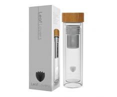 LEAF LOVERS Teekanne doppelwandige Flasche ideal für Zuhause oder im Büro BPA frei Tee- und Trinkflasche Edelstahl-Sieb Bambusdeckel Thermosflasche Tee Maker nachhaltig