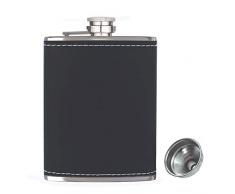 Flachmann für Likör und Trichter - 227 ml auslaufsicherer 18/8 Edelstahl TaschenFlachmann mit schwarzem Lederbezug für diskretes Schnapstrinken von Alkohol, Whiskey, Rum und Wodka, Geschenk für Männer
