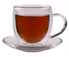 Feelino Bullini edle doppelwandige 250 ml Thermotasse mit Untersetzer, edle Glas-Teetasse / Kaffeetasse mit Schwebeeffekt, Henkel und Untersetzer im Geschenkkarton